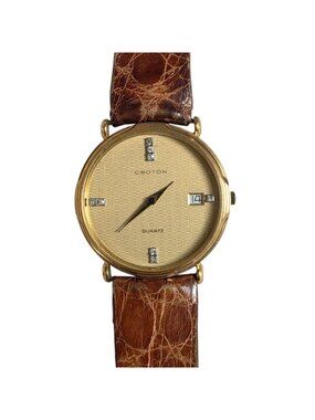 Vtg Croton Quartz Gold Plated Slim Leather Date Watch with Diamonds